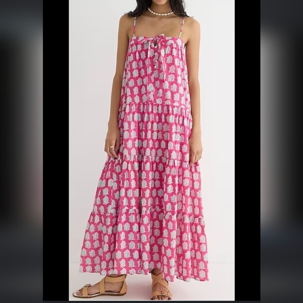 SZ Blockprints x J Crew Tie Front Tiered Maxi Dress in Bright Pink NWT XL 2023